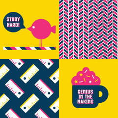 Back to school patterns and posters. Collection of 2 school themed retro seamless patterns and 2 School themed posters, one reads Study Hard and the other one Genius in the making.