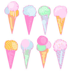 Vector illustration with cute hand-drawn ice creams