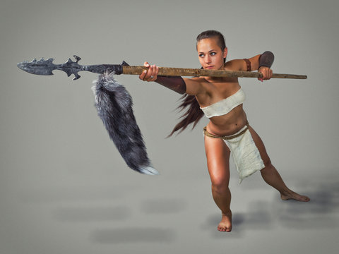 Warrior  girl ancient. Poke with a spear.