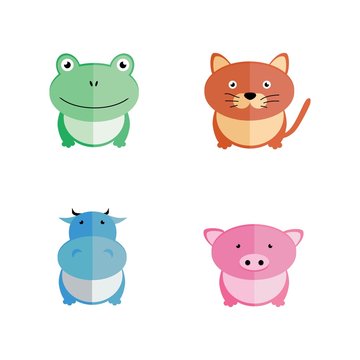 Vector flat animals. Pig, cow, cat, frog, friends people