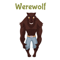 Scary werewolf, Halloween costume idea, cartoon style vector illustration isolated on white background. Frightening werewolf, shape shifter, traditional symbol of Halloween and fairytale character
