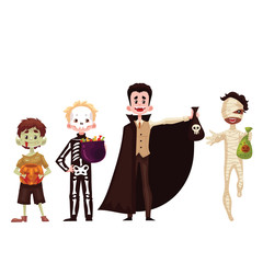 Boys dressed in costumes for Halloween, cartoon style vector illustration isolated on white background. Skeleton, mummy, zombie vampire fancy dresses for Halloween carnival. Trick or treat tradition