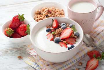Yogurt with granola and berries.