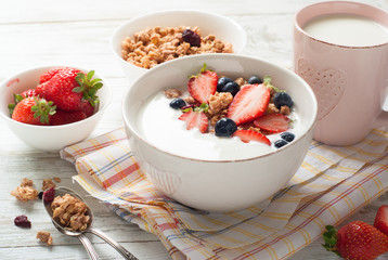 Yogurt with granola and berries.
