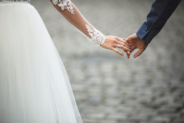 bride and groom hold each other's hands - Powered by Adobe
