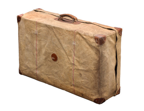 Isolated Old Vintage Dusty Suitcase in a cover on a white background