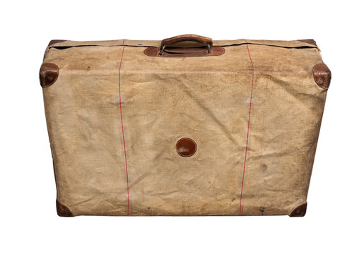 Isolated Old Vintage Dusty Suitcase in a cover on a white background