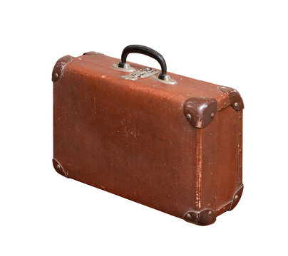 Isolated Old Vintage Dusty Brown Suitcase on a white background
