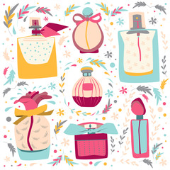 Perfume illustration. Colorful illustration of perfumes bottles.