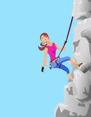 climber brunette girl clings to the safety belts on a cliff on t