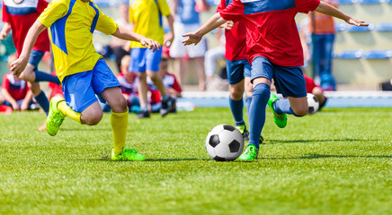 Youth football soccer match. Kids playing soccer game on sport field. Boys kicking football match on pitch. Sports soccer background.
