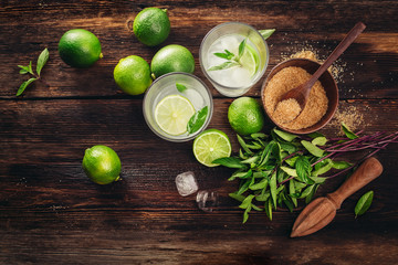 Ingredients for mojito, mint, lime and ice