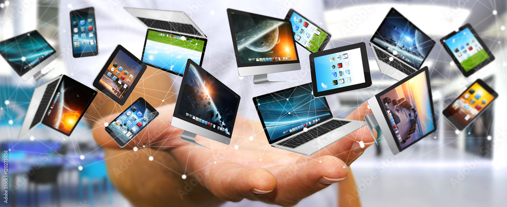 Poster businessman connecting tech devices to each other ‘3d renderin