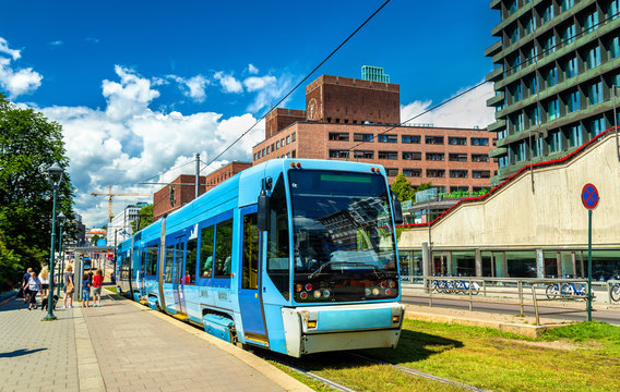 City tram at Kontraskjaeret Station in Oslo