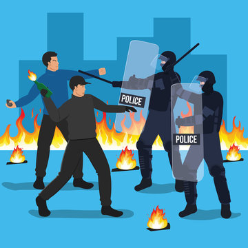 Riot Police Officers Clash With Protesters. Demonstration, Protest Concept Illustration.