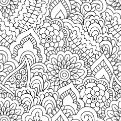 Seamless black and white background. Floral, ethnic, hand drawn elements for design. Good for coloring book for adults or design of wrapping and textile.