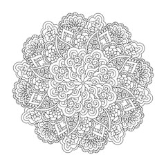 Round element for coloring book. Black and white floral pattern. Mandala.