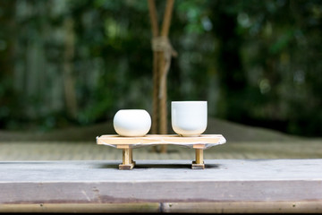 japanese sake on wood in temple