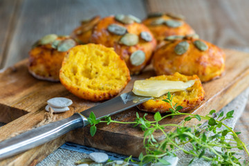 Pumpkin scones with thyme and butter for breakfast.