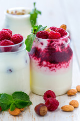Homemade yoghurt with raspberries, walnuts and mint.
