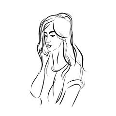 Girl talking on the phone. Portrait lines. Vector monochrome image.