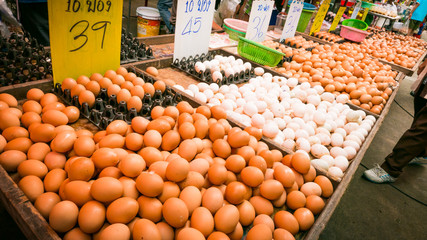 Variety of fresh eggs local market at temple in Bangkok , Asia , Thailand