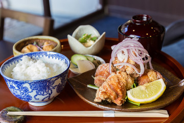 Karaage with rice and soup, japanese food