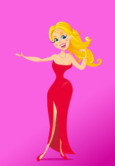 the smiling blonde girl in red dress with a flowing hair in pink