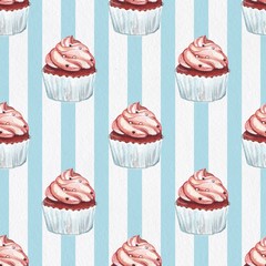 Cupcakes. Watercolor pattern. Seamless background 10 on paper texture