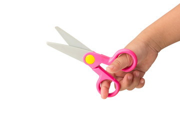 kid scissors / child holding kid scissors isolated with clipping path