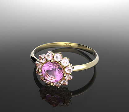 Golden wedding ring wiith diamond. 3D illustration