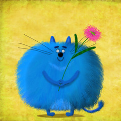 A funny blue cat standing on the painted background holding a small violet flower with a grasshopper sitting on it.