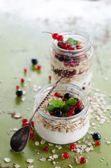 yogurt with berries and products for healthy breakfast, close-up
