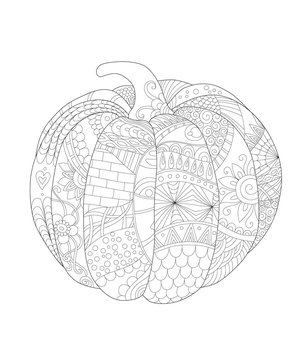 hand drawn decorative pumpkin with beautiful floral patterns, design for coloring book for adult, Outline vector illustration