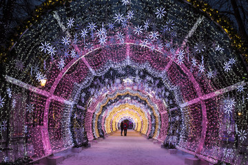 Christmas night Moscow. The light tunnel on Tverskoy Boulevard