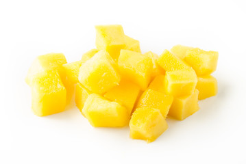 Mango slice cut to cubes isolated on white background