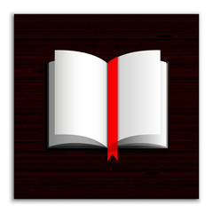 Open book with white pages and red bookmark isolated on wooden background. Top view illustration.