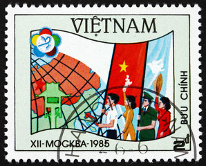 Postage stamp Vietnam 1985 Youth Carrying Flags