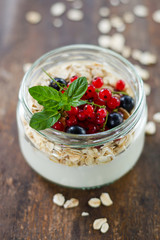 yogurt with berries and products for healthy breakfast, close-up
