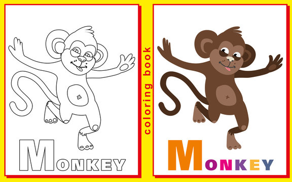 Coloring Book for Kids with letters and words. Litter M. monkey.