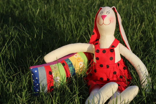 Soft Toy Rabbit In The Red To The Black Polka Dot Jumpsuit. Textile Handmade Homemade.