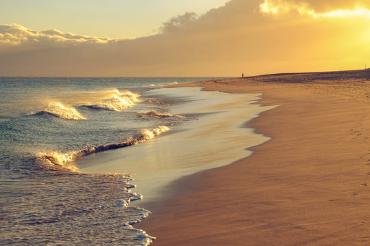 Beach of Morro Jable on Fuerteventura on the sunset.