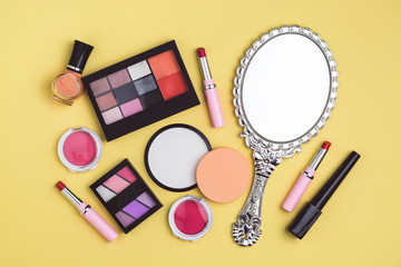 Overhead view of essential beauty items, Top view of cosmetics a