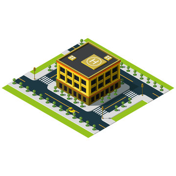 Isometric office building. Office building icon. Road markings and crossroads illustration.