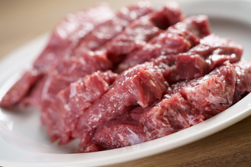 raw fresh sliced beef for beefsteaks in plate on kitchen table