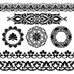 Vector set of Asian seamless tape, round and single patterns in the form of cotton in Uzbek national  style. Black templates on white background.