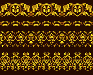 Set tape gold seamless floral patterns in ethnic national style of Uzbekistan, Asia. Vector illustration.