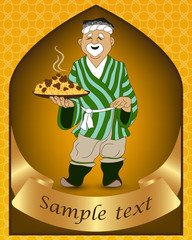 Cartoon doodle hand draw an Uzbek man prepares and invites pilaf - the national dish of Uzbekistan, Asia. Illustration as a template for the cook poster, teahouse sign, billboard.