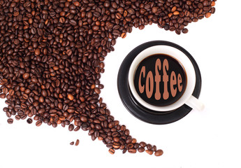 Naklejka premium Coffee beans with cup full of black coffe