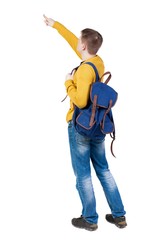 Back view of  pointing young men with backpack.  Young guy gesture. Rear view people collection.  backside view of person.  Isolated over white background. A tourist looks at something at the top